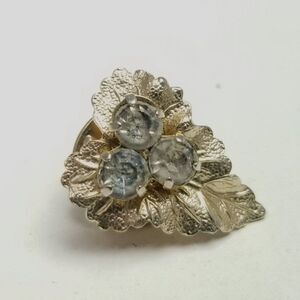 Vintage Little Rhinestone Cluster and Leaf Lapel Pin, Gold Tone Brooch, Estate